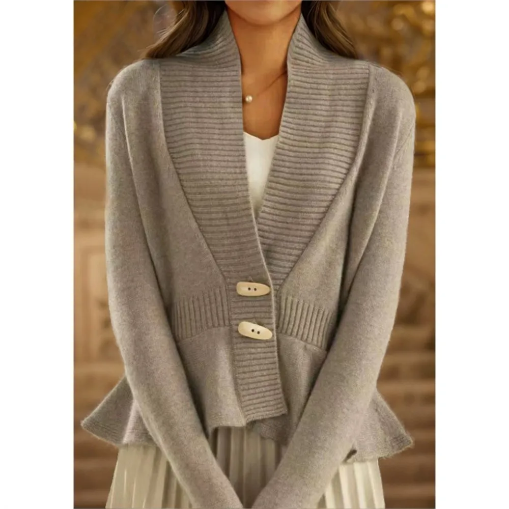 2025 New Autumn Winter Women's Solid Color Retro Knitted Cardigan V-neck Top Elegant Fashion Ruffled Hem Sweater Jacket Female