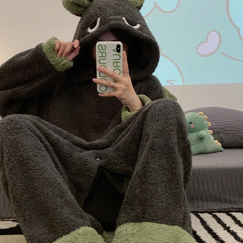 

HN8 Winter Thicken Women Pajamas Onesie Jumpsuits Anime Kigurumis Adult Korean Femme Pijamas Plush Soft Onesies Leisure wear)4Dc