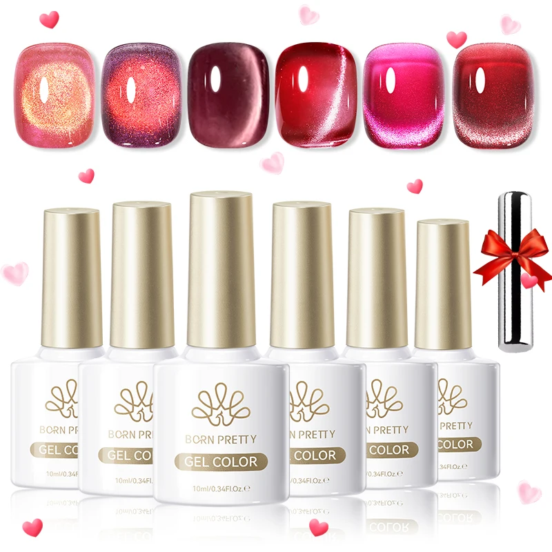 

BORN PRETTY 10ml Red Pink Glitter Cat Magnetic Gel Nail Polish 7PCS Set Valentine's Day Soak Off UV LED DIY Nail Supplies