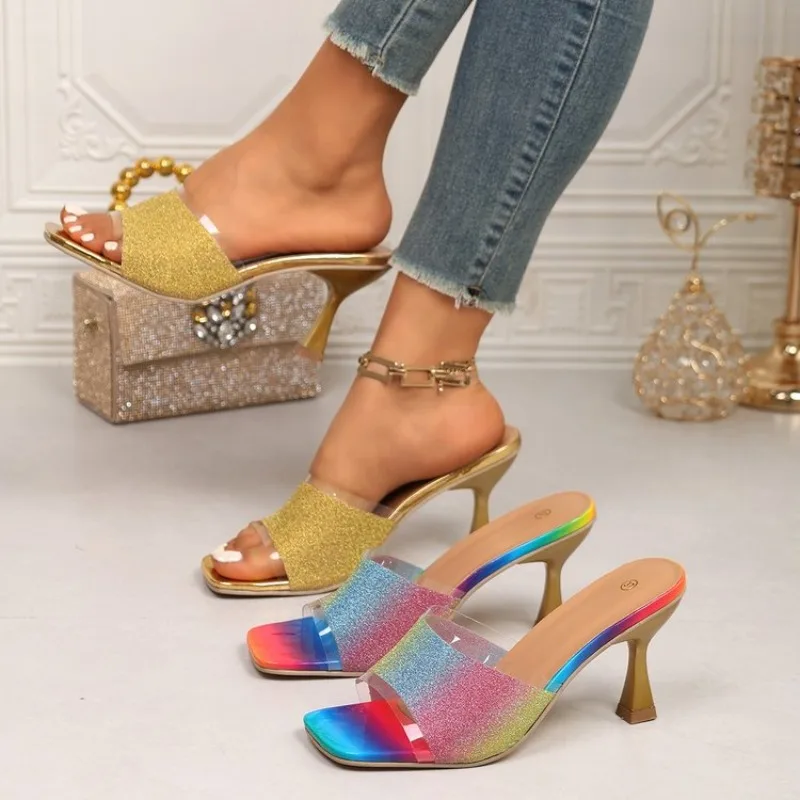 Women High Heel Sandals 2026 Summer New Fashion Simple Glitter Square Toe Thin Heel Female Shoes Comfort Outdoor Casual Sandals