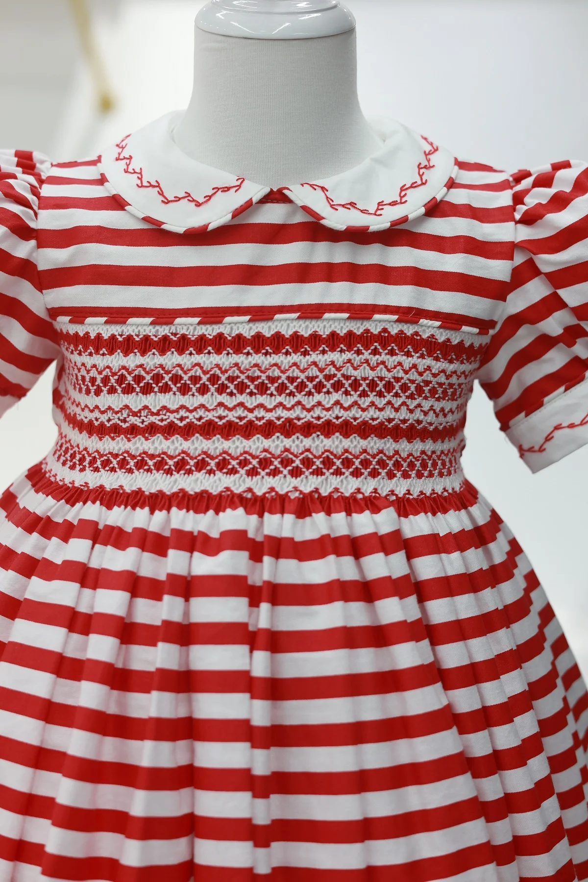 

0-12Y Baby Girl Summer Red Stripe Handmade Embroidery Smocked Dress for Christmas Eid Birthday Party Holiday Casual A219