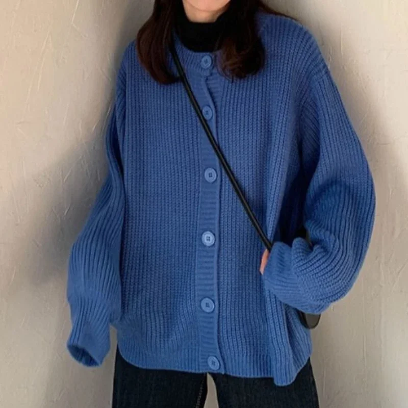 Women\'s Sweater Cardigan Blue Knit Tops for Woman Winter Button Round O Neck Tricot Blouse Jumper Thermal in Promotion Modern