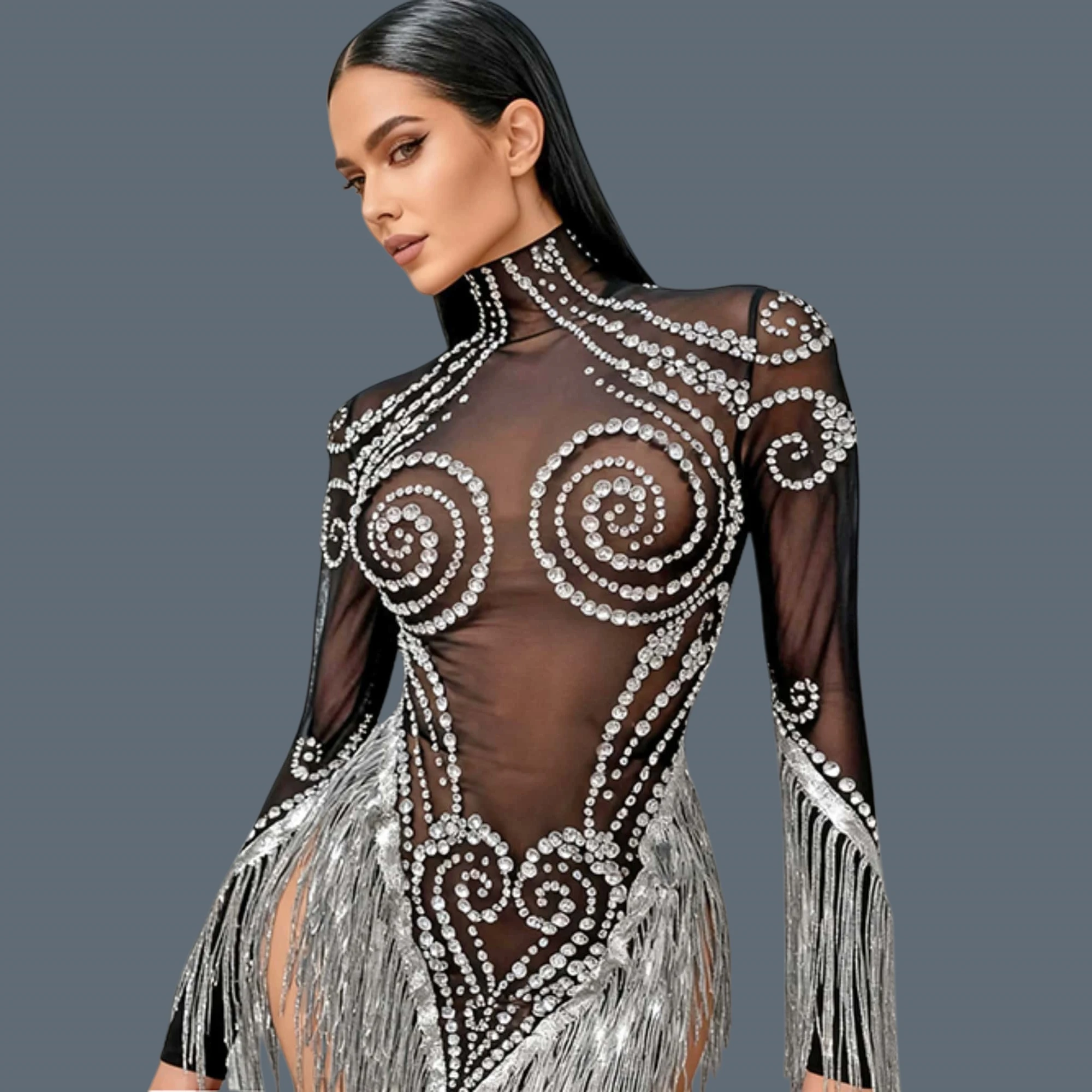 

Ladies Latin Dance Team Outfit Sparkly Rhinestone Tassel Mini Dress Black See Through Mesh Dresses Stage Performance Wear Heitao