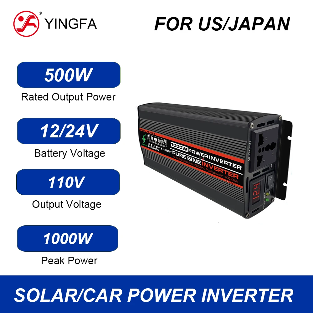 YINGFA For US Japan Rated Power 500W Peak 1000W DC 12V 24V To AC 110V Output Pure Sine Wave Power Inverter