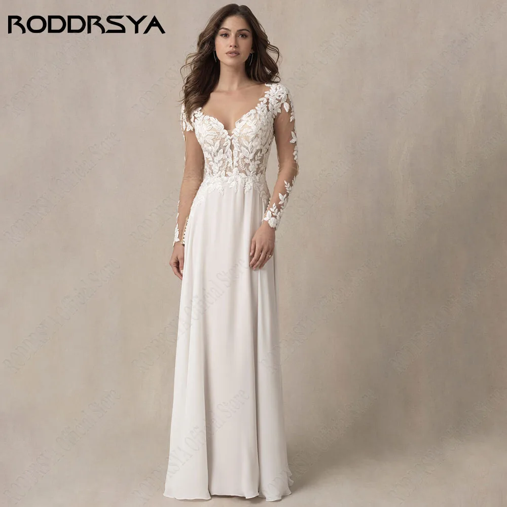 Roddrsya civil robe de mariée sans dos 2024 mariée manches longues mousseline de soie aRODDRSYA-Robe de mariée dos nu en mousseline de soie à manches longues, robe A-Line en dentelle pour les patients, sur mesure, 2024