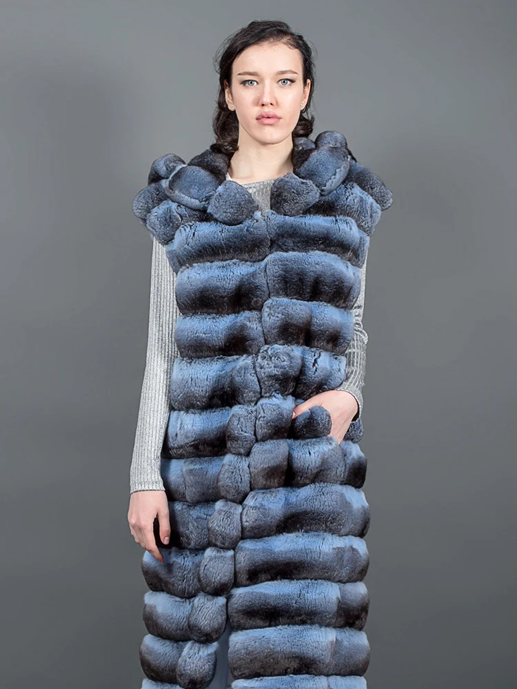Rex – manteau à capuche en vraie fourrure de lapin pour femme, haut de luxe, décontracté, sans manches, automne-hiver
