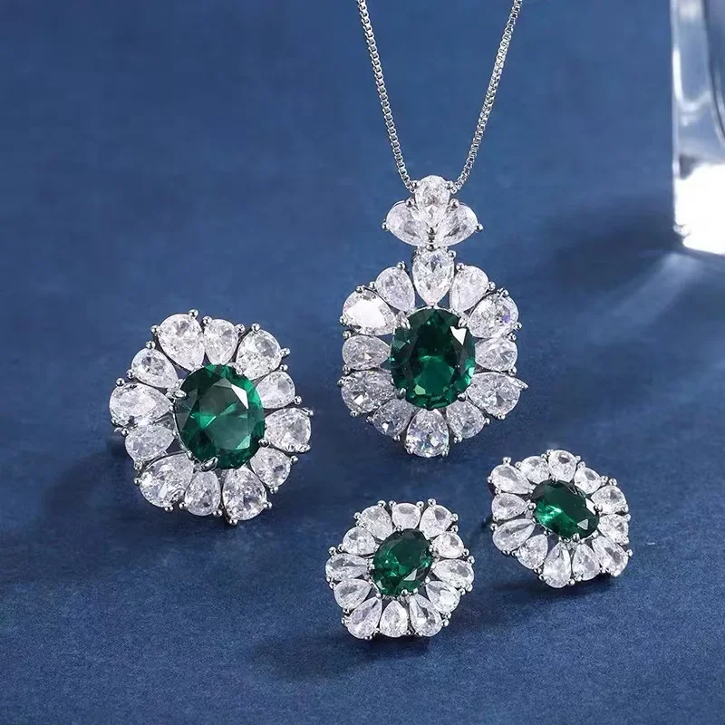 Luxury 925 Sterling Silver Green Emerald Gemstone Ring Earrings Necklace Jewelry Sets for Women Wedding Bridal Cute Girl