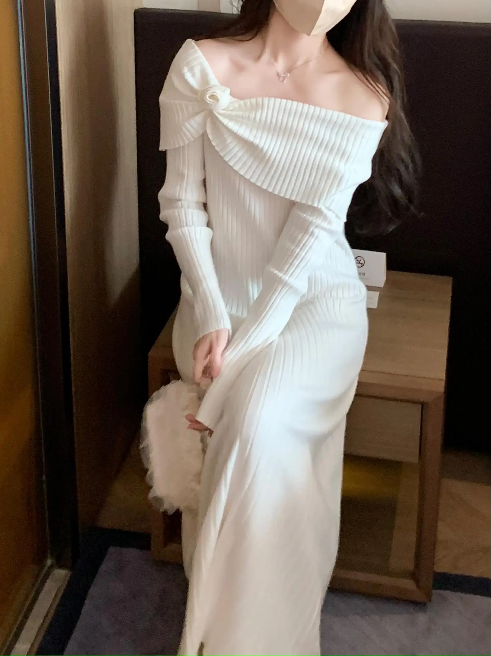 

Yoyo Princ Sle Knitted Dr Floral One oulder Long Sve High Waist Spring New Arrival Ele Simple Color Polyeste...