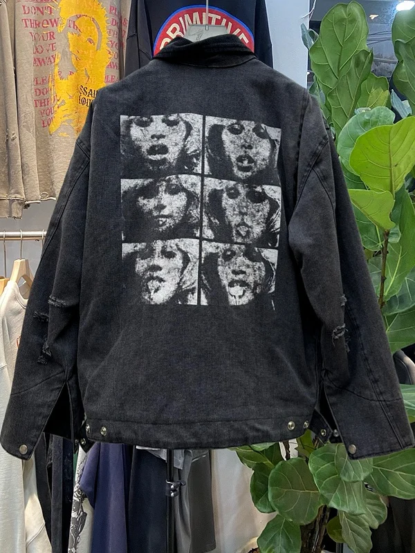 

Мужская винтажная куртка из вельвета и денима, повседневная, удлиненная, весенне-осенняя, с портретным дизайном