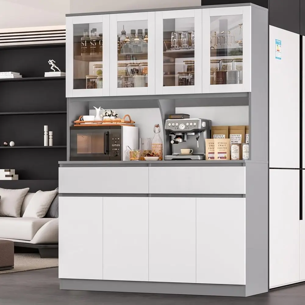 

75 Kitchen Storage Cabinet with Glass Doors, 55 Wide China Hutch with Microwave Stand and Coffee Bar, Wooden Pantry with Dining