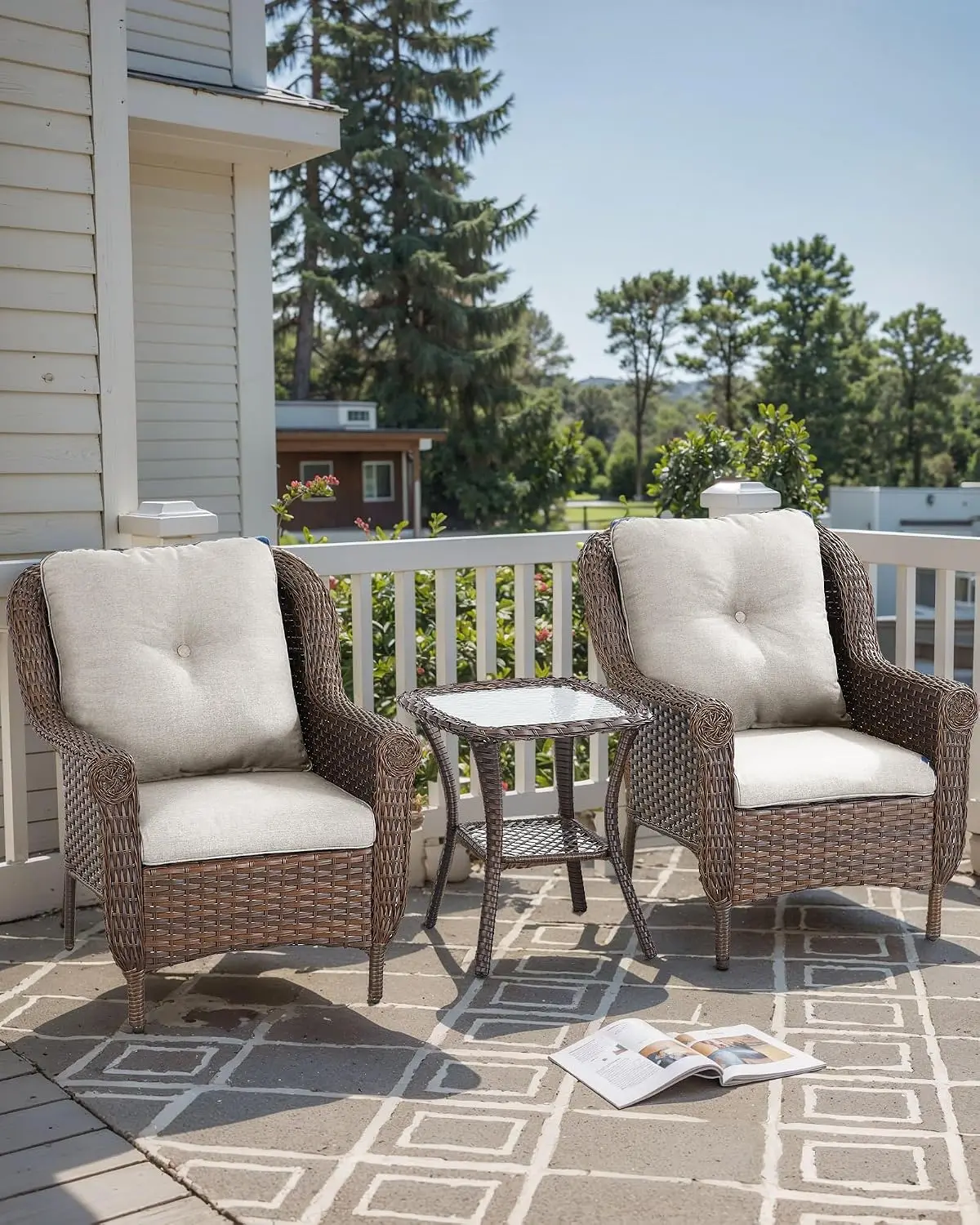 3-Piece Wicker Bistro Set High Back All-Weather Rattan Chairs & Side Table for Patio Lawn Deck Garden, Customized