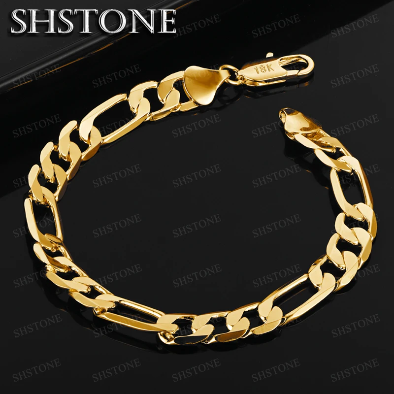 Fine 18k Gold Bracelets 8mm Women Men Chain Wedding Fashion Top Quality Silver Jewelry Figaro Bracelet 20cm view 2
