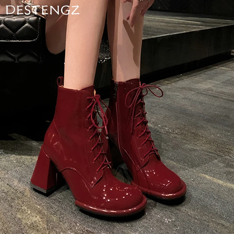 Botines gruesos a la moda para Mujer, zapatos de tacón alto con cordones de diseñador, tendencia 2021, zapatos de tacón sexis, Botas góticas para motocicleta para Mujer