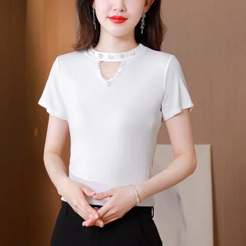 Women Spring New Fashion Sweet Crew Neck Pullovers Base Layers Solid Diamonds Hollow Out Knitted Versatile Short Sleeves Tops