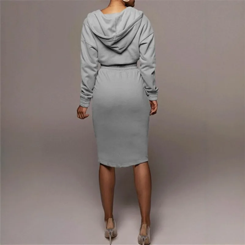 

Fashion women's solid color dress temperament elegant hooded drawstring sweater fleece thickened dress