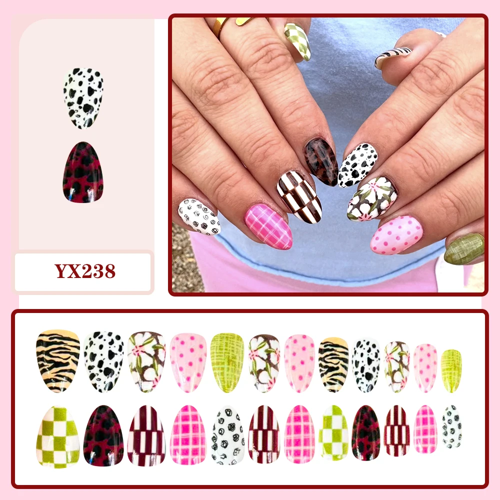 Short Pointed Press on Nails Multi Pattern Fake Nails Cow Zebra Leopard Checkerboard Floral Wearable Nails Daily Manicure