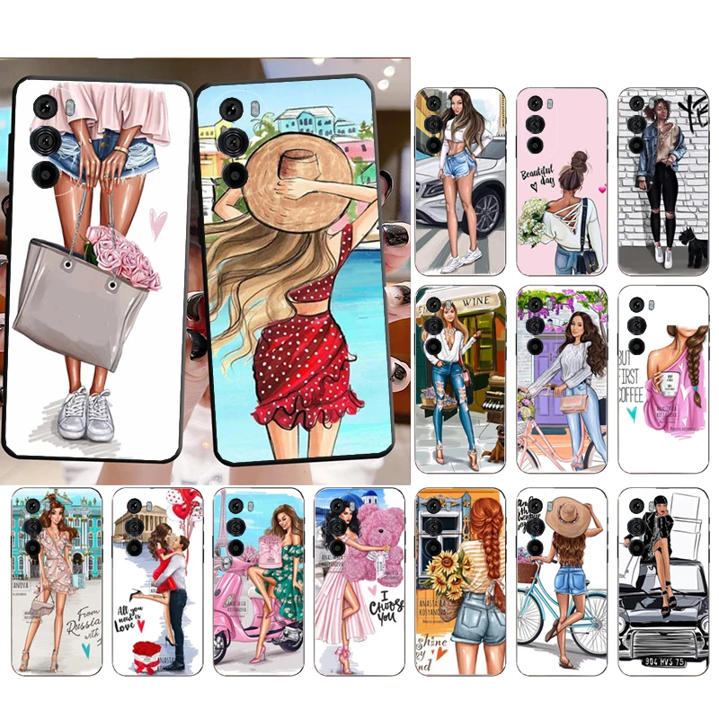 

Phone Case For Motorola Edge 50 40 Pro 60 50 40 30 Ultra Neo Fusion G85 G72 G53 G54 G84 G13 G32 Princess Girl coffee Travel Girl