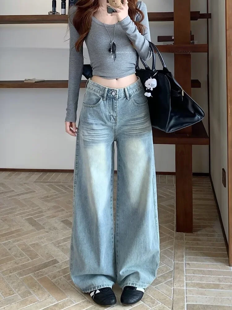 

American Retro High Waist Wide Leg Jeans Women Loose Drapey Denim Pants Straight Long Trousers Spring Autumn Casual Wear