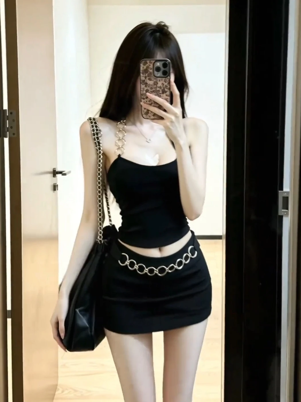 

American Hot Girl Neck Hanging Metal Buckle Strap Vest Women's Summer Slim Short Half Body Skirt Set High Waist Short Skirt
