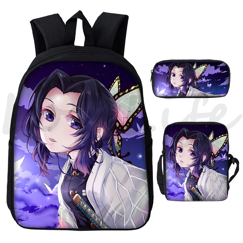 Anime Backpack 3Pcs/Set Demon Slayer Kochou Shinobu School Bags for Boys Girls Bookbag Children Cartoon Manga Backpacks Mochila