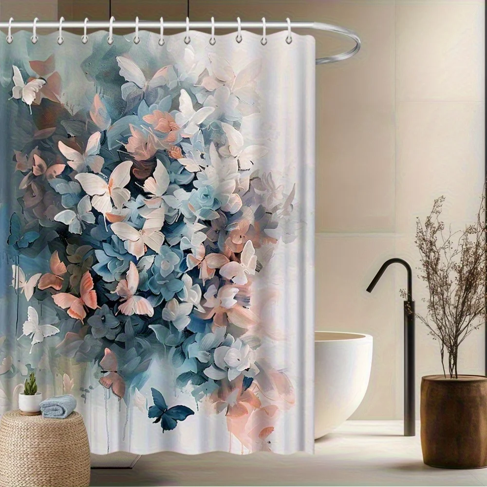 

1pc Butterfly and Floral Shower Curtain - Polyester Fabric with Abstract Watercolor Painting of Butterflies and Flowers in Paste