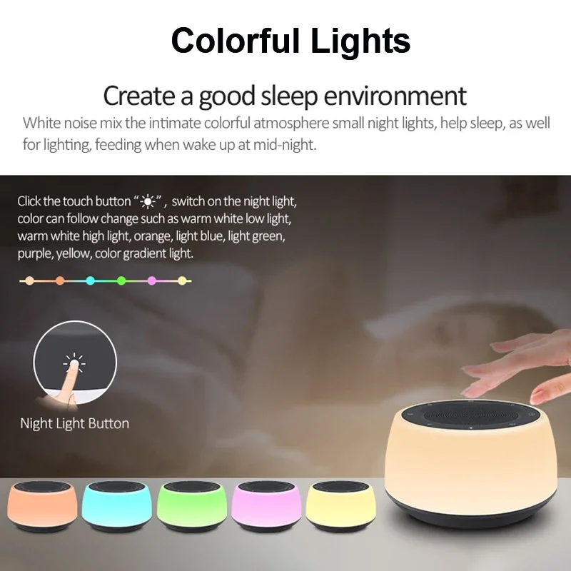 White Noise Sleep Machine For Kids Baby adults Sleeping With 16 Soothing Sounds Colorful Breathing Night Light Timer Function