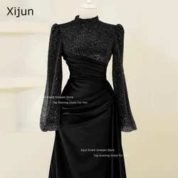 Xijun Glitter Modest Long Evening Dresses Long Sleeves High Collar Prom Dresses Muslim Prom Gowns Saudi Arabric Party Gown Women