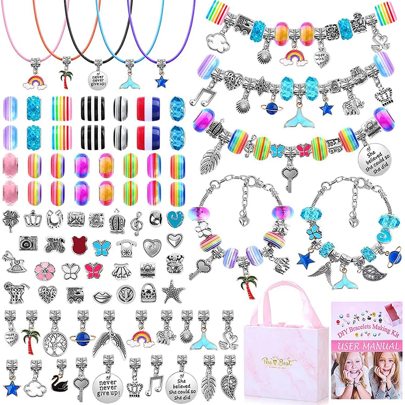 1Set Jewelry Making Kit Charm Bracelet Necklace Present Alloy Beads Set DIY Toys for Children Bracelets Birthday Gifts for Girls