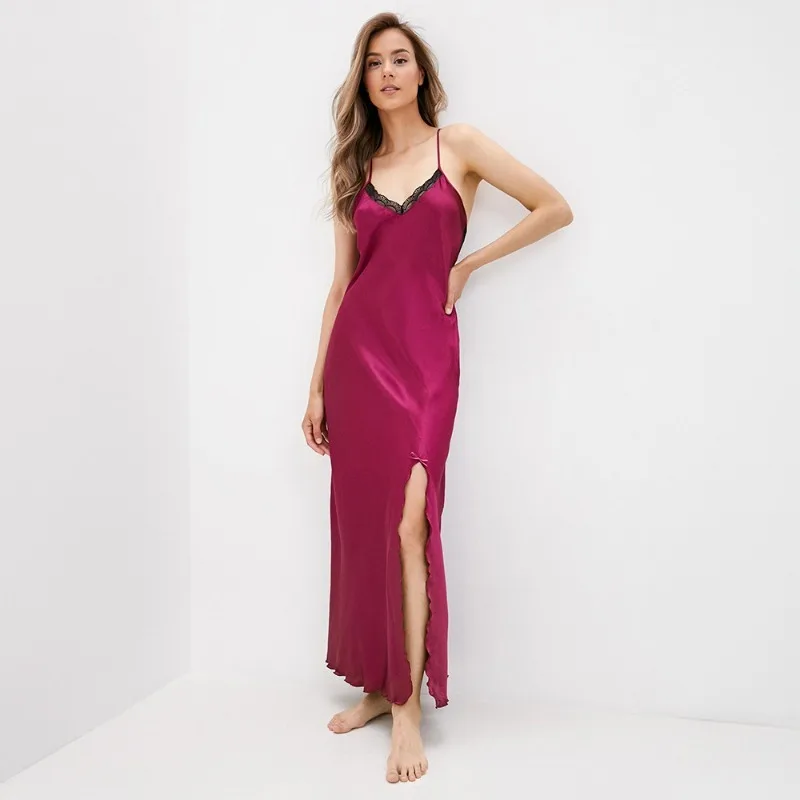 

Новинка весны 2024, кружевная длинная ночная рубашка, сексуальный дизайн с открытой спиной и разрезом, подтяжки в европейском и американском стиле, уютная дышащая домашняя одежда