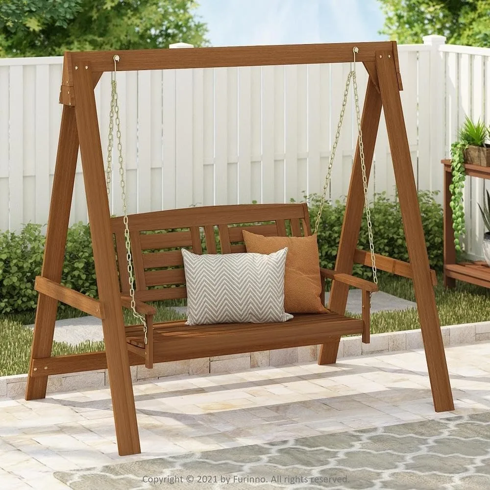 Tioman Hardwood Patio, Garden, Outdoor 4ft Porch Swing, 2 Seats with Stand, Natural Color, Weight: 350 lbs