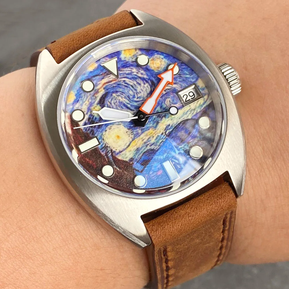 

Hot Design Fashion Tandorio AR Coating Oil Painting Starry Sky Dial 36mm NH35 Men Automatic Watch Vintage Leather Strap