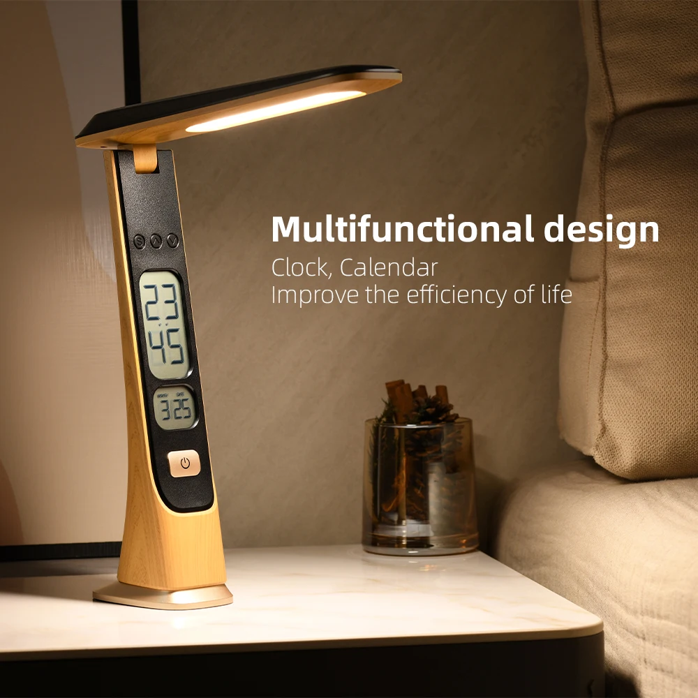 WILIT Folding Table Lamp Reading Touch Dimmable Eye Protection With Alarm Clock Thermometer LED Desk Lamp USB Charge Night Light