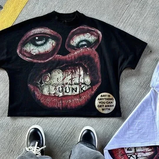 Camiseta de algodón Y2K para hombre y mujer, camiseta Harajuku de Hip Hop con estampado de boca de ojos grandes, camisetas de manga corta clásicas Retro de gran tamaño