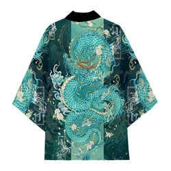 Japanese Traditional Samurai Kimono Men Women Anime Dragon Printed Green Loose Cardigan 3/4 Sleeve Harajuku Haori Coaplay Shirt