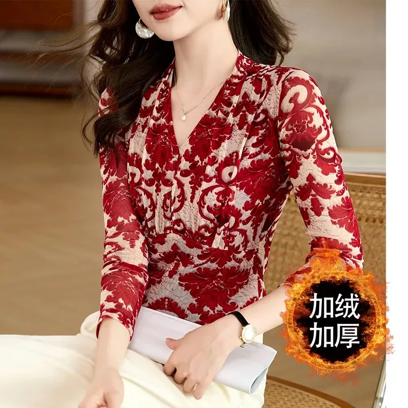 

Женская блузка с V-образным вырезом и цветочным принтом, сетчатая, на флисовой подкладке, теплая, с длинными рукавами, приталенная, повседневная