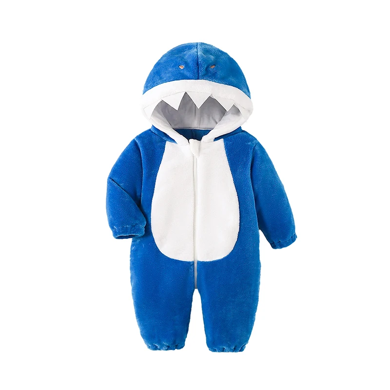 Toddler Shark Costume Winter Warm Long Sleeve Hooded Romper Cute Halloween Plush Jumpsuit