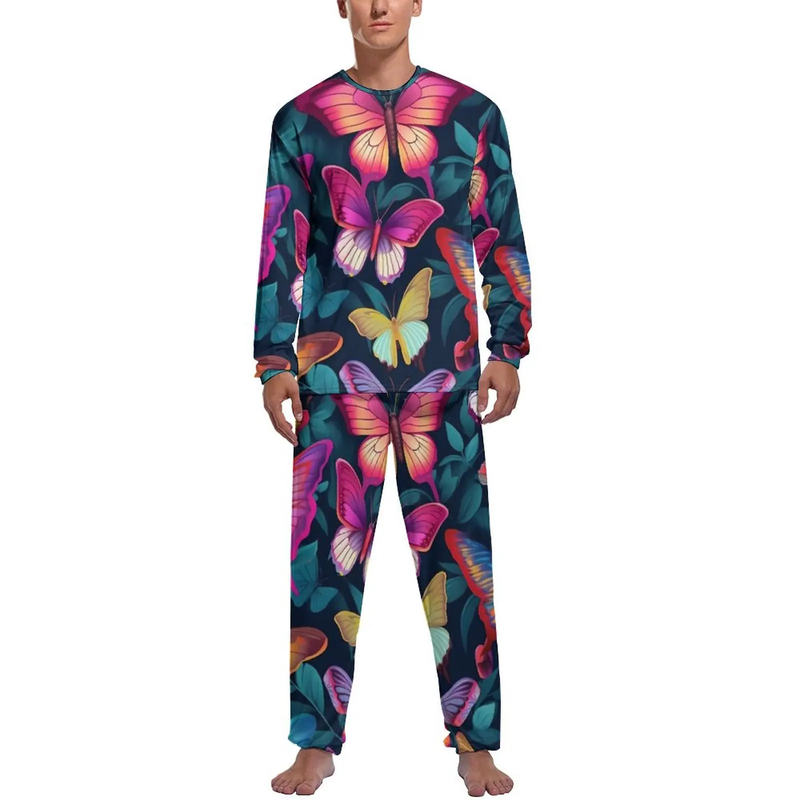 Borboletas coloridas pijamas de inverno folhas impressão casual pijamas homem duas peças gráfico manga longa conjunto de pijamas na moda