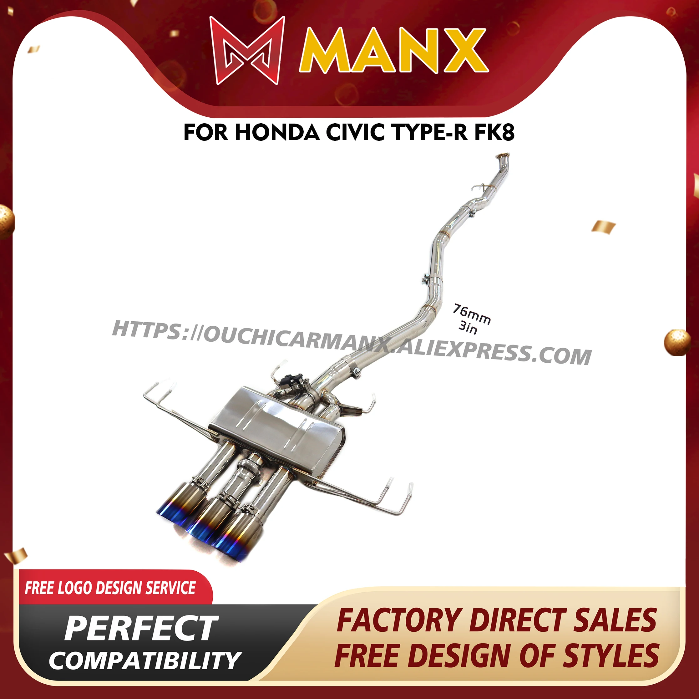 

MANX Exhaust pipe for Honda Civic Type-R FK8 SS304 Catback Support customization Increased power Exact Fit Electronic valve