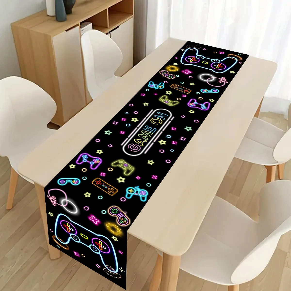 1pc Neo Glow Table Runner Fluorescent Game Console Design Polyester Tablecloth for Glow in the Dark Game Theme Party Supplies