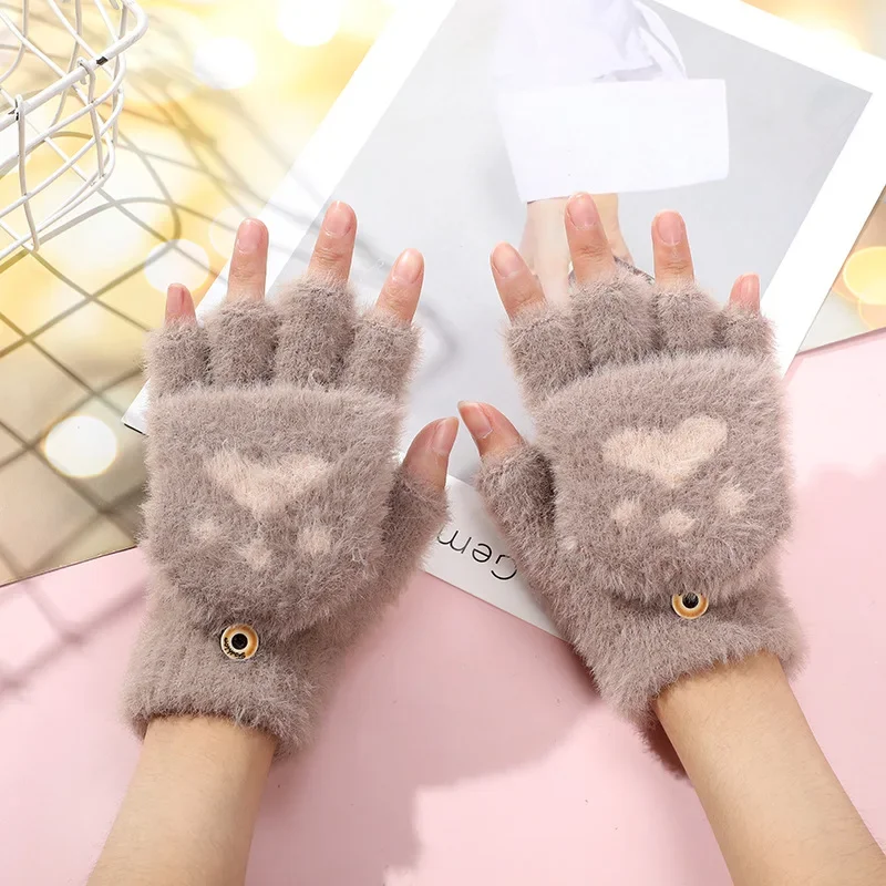 Women Girls Lovely Winter Warm Fingerless Gloves Girls Fluffy Bear Cat Plush Paw Claw Half Finger Gloves Mittens Gifts New