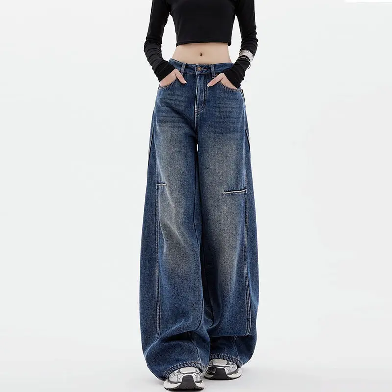 

Spring Autumn Floor Pants Fashion StreetwearFemale Student Casual Blue Jeans Wide-Leg Pants Loose Drape Straight-Leg Trousers