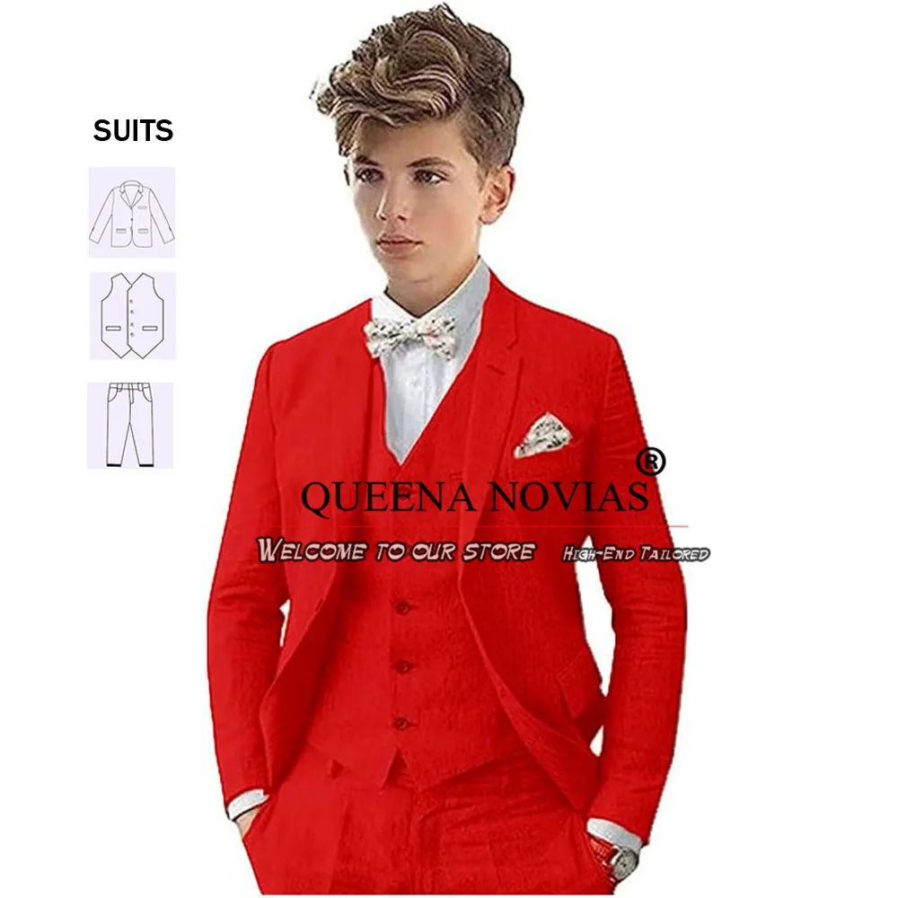 

Red Boys' Attire Tuxedo Tailored Made Summer Linen Jacket Vest Pants 3 Pieces Formal Party Suits Costume Enfant Garçon Mariage