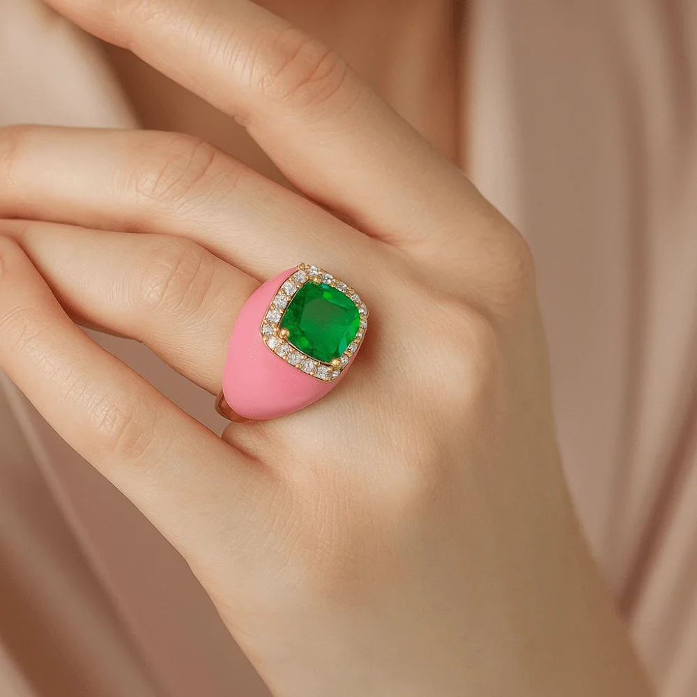 Adjustable Enamel Dripping Oil Ring Gold Plated Rhinestone Zircon Open Ring Punk Style Multicolor Geometric Square Ring Jewelry