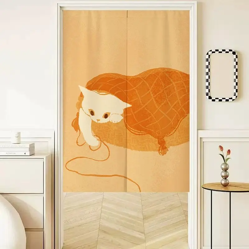 Minimalist Cat Print Noren Door Curtain - Cute Animal Art Kitchen Bedroom Half Length Privacy Drape