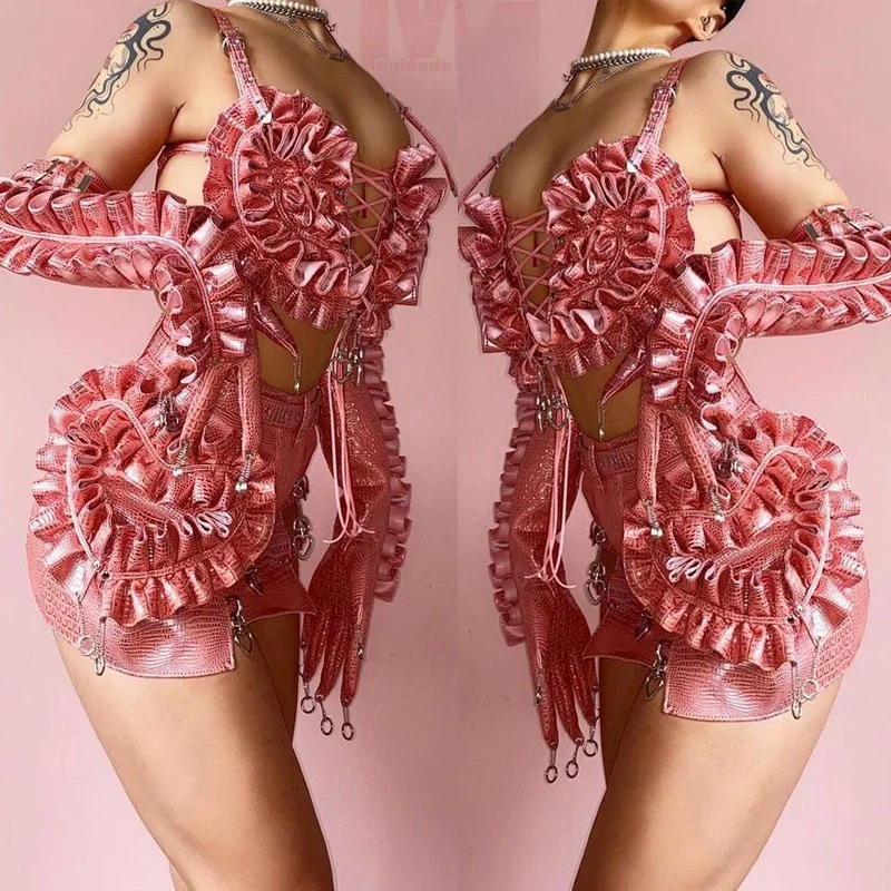 Conjunto de couro coração rosa para mulheres, sexy punk pole dance roupas, roupa de festa, bar, boate, dj, ds traje de palco, traje de dança gogo