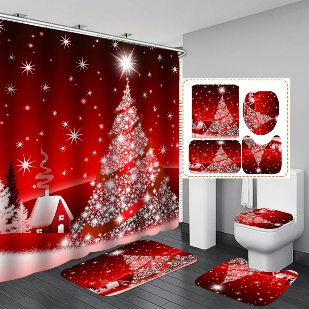 Red Christmas Shower Curtain Set with Hooks Waterproof Shower Curtain Toilet Cover Mat Non Slip Rug For New Year Bathroom Decor