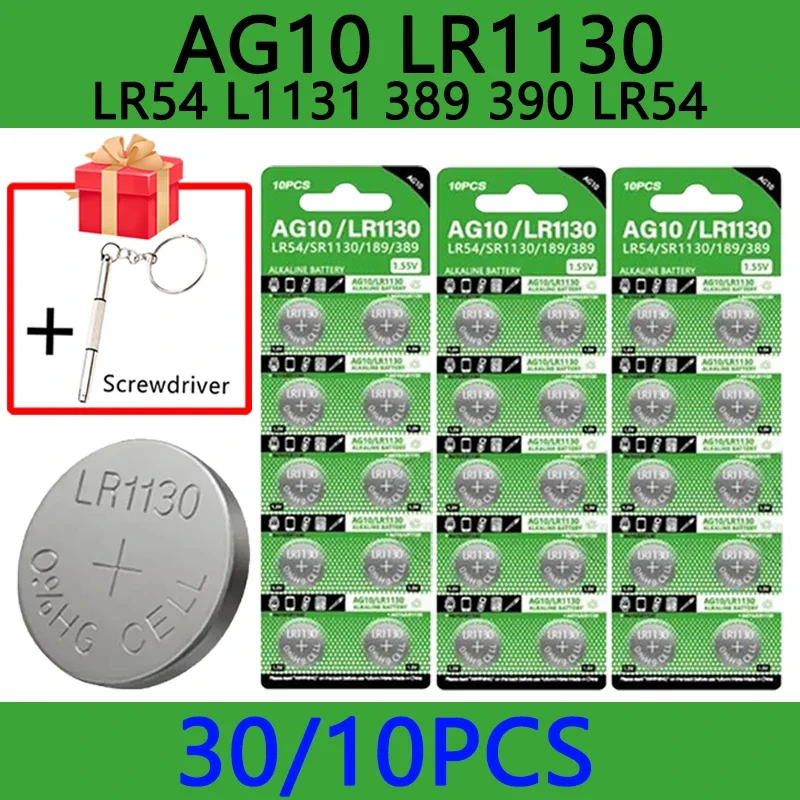 30/10PCS AG10 LR1130 SR54 389 189 SR1130 D189 LR54 Button Batteries G10A SR1130SW Cell Coin Watch Toys Remote Battery1.55V