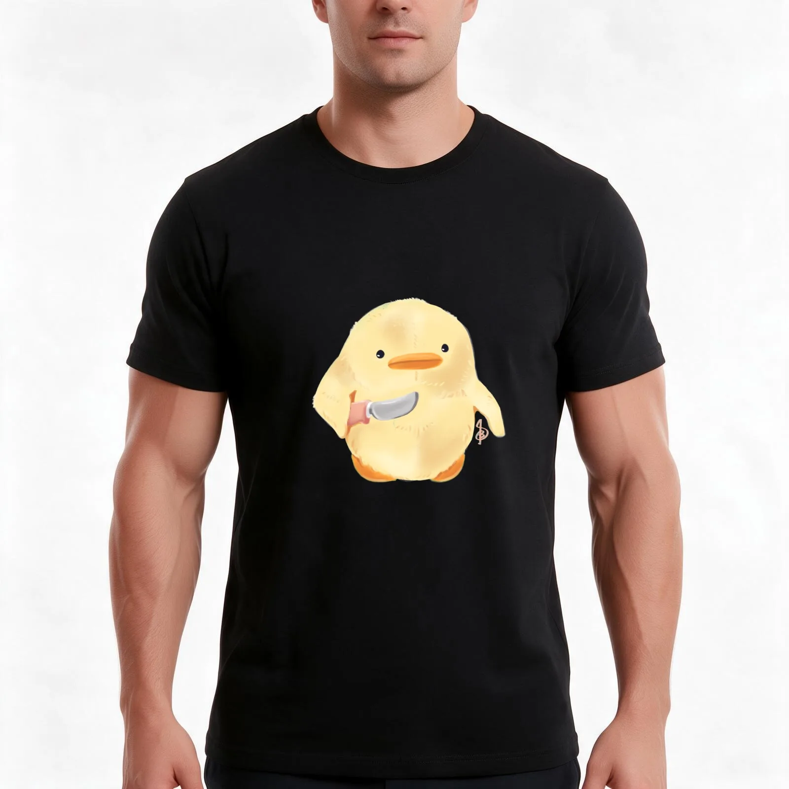 the duck with butter knife T-Shirt, Summer Casual Cotton Tee, Oversized Streetwear Tops, Vintage Graphic Print, Unisex Men Women