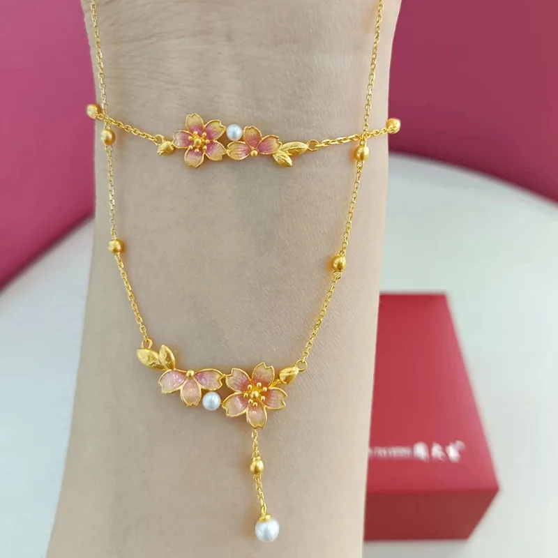 

9999 24K Real Gold Cherry Blossom Rain Pearl Bracelet Chain for Women's New Chinese Style Pink Enamel Flower Tassel Pearl Chain