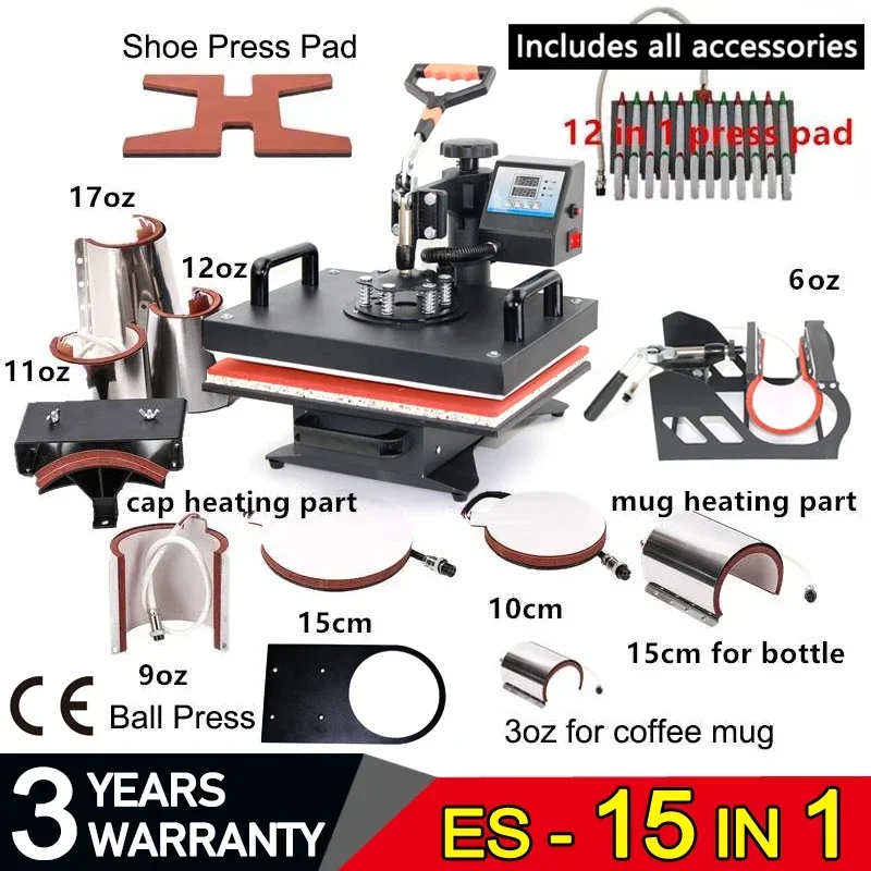 12X15 Inch 15 in 1 Combo Sublimation  Machine  Heat Press Machine  Printer  for T Shirt/Mug/Ball Heat Press Machine